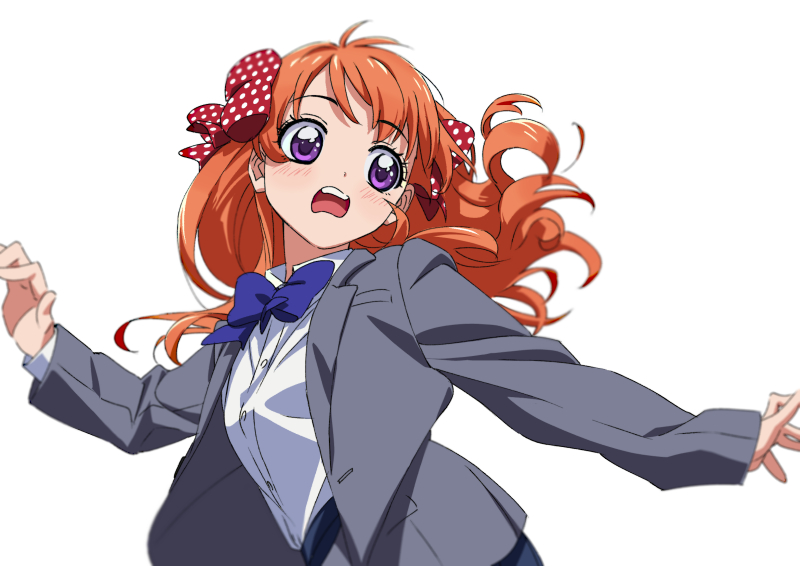 1girl blazer blue_bow blue_bowtie bow bowtie collared_shirt gekkan_shoujo_nozaki-kun grey_jacket jacket long_hair orange_hair polka_dot polka_dot_bow purple_eyes red_bow red_ribbon ribbon rouman_academy_uniform sakura_chiyo shirt simple_background solo upper_body white_background white_shirt yoko.u