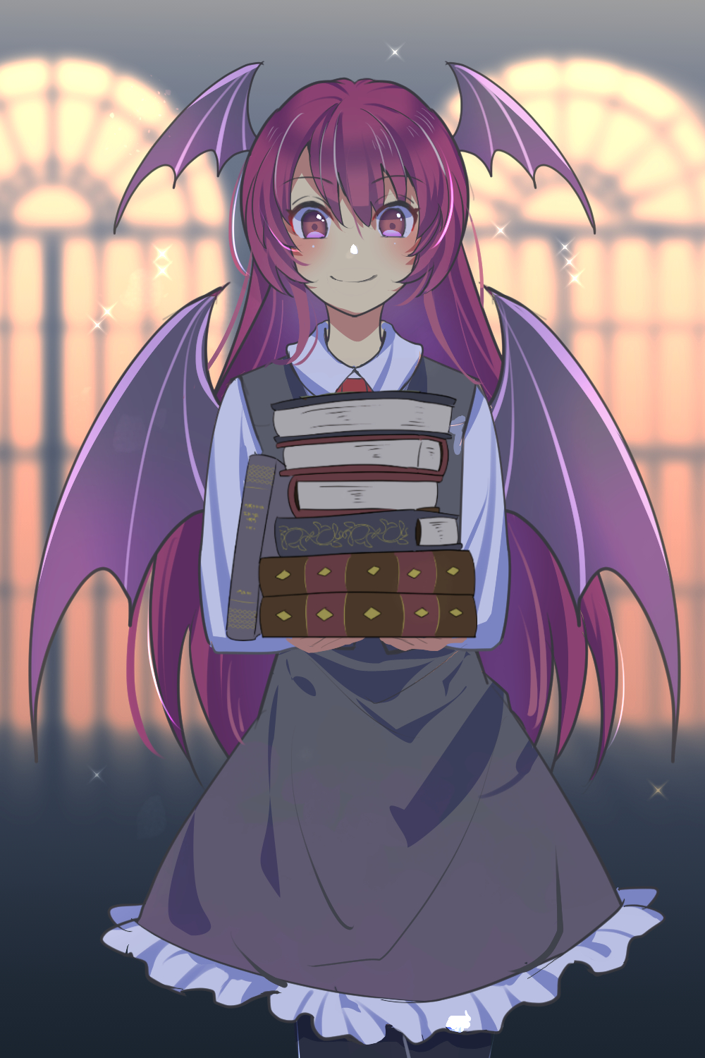 1girl bangs bat_wings black_skirt black_vest blush book book_stack breasts closed_mouth collared_shirt demon_tail eyebrows_visible_through_hair eyelashes hair_between_eyes head_wings highres koakuma long_hair long_sleeves looking_at_viewer medium_breasts nayozane_(worker7) necktie one-hour_drawing_challenge puffy_sleeves red_eyes red_hair red_necktie shirt skirt smile solo standing tail touhou very_long_hair vest white_shirt window wing_collar wings