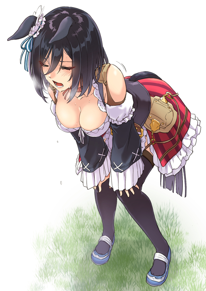 1girl abo_(hechouchou) animal_ears bangs black_hair black_legwear blue_footwear blush breasts breath cleavage closed_eyes collar collarbone corset detached_sleeves dirndl ears_down eishin_flash_(umamusume) german_clothes grass hands_on_own_knees heavy_breathing horse_ears horse_girl horse_tail leaning_forward long_sleeves medium_breasts medium_hair motion_lines open_mouth red_skirt shoes skirt solo standing sweatdrop tail thighhighs umamusume