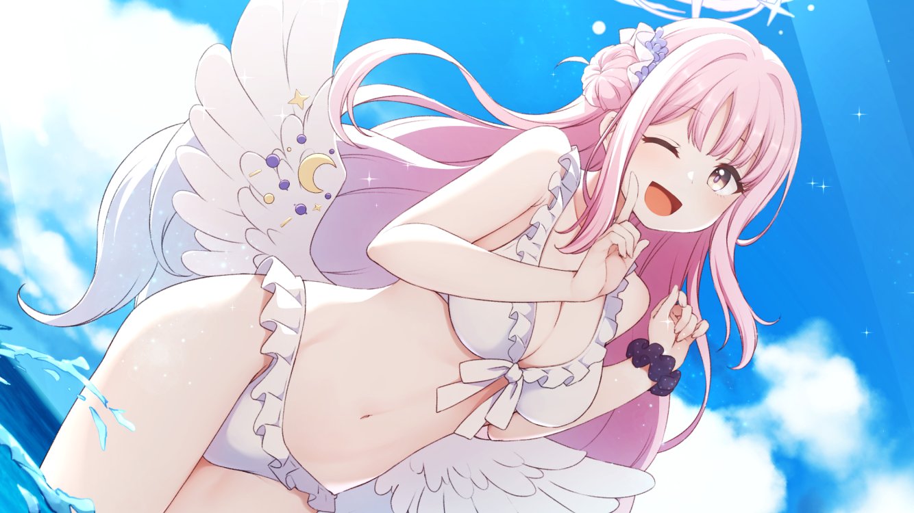 1girl bangs bare_shoulders bikini blue_archive blush breasts brown_eyes cleavage cloud dutch_angle frilled_bikini frills hair_bun halo hands_up index_finger_raised long_hair looking_at_viewer low_wings medium_breasts mika_(blue_archive) nagami_yuu navel one_eye_closed open_mouth outdoors pink_hair scrunchie smile solo sparkle sunlight swimsuit wading water white_bikini wings wrist_scrunchie