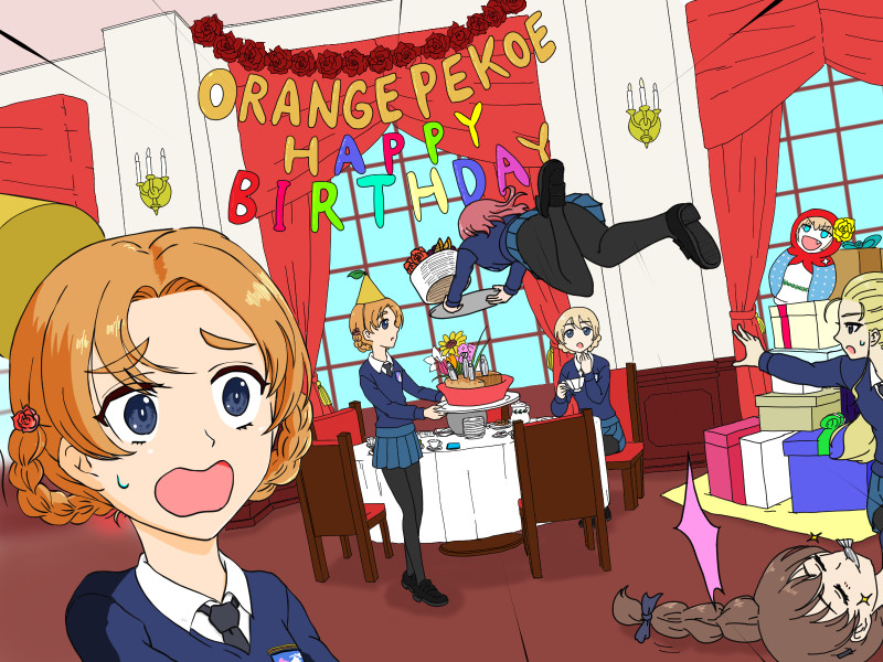 assam_(girls_und_panzer) birthday birthday_cake birthday_party box cake commentary commentary_request darjeeling_(girls_und_panzer) food gift gift_box girls_und_panzer hat orange_pekoe_(girls_und_panzer) rosehip_(girls_und_panzer) rukuriri_(girls_und_panzer) school_uniform st._gloriana's_school_uniform stargazy_pie tabyuta_roman