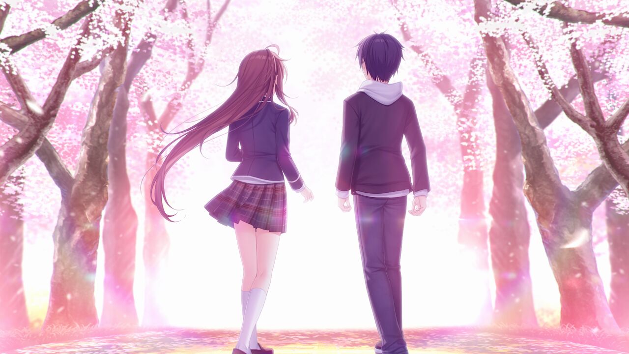 1boy 1girl alpha_(yukai_na_nakamatachi) ayase_aisa backlighting black_hair black_jacket black_pants brown_hair couple floating_hair from_behind game_cg hetero hood hood_down hooded_sweater jacket kagami_toshiki kneehighs loafers long_hair long_sleeves miniskirt non-web_source pants plaid plaid_skirt pleated_skirt red_footwear school_uniform shiny shiny_hair shoes short_hair skirt sousaku_kanojo_no_renai_koushiki spring_(season) straight_hair sweater very_long_hair white_legwear white_sweater