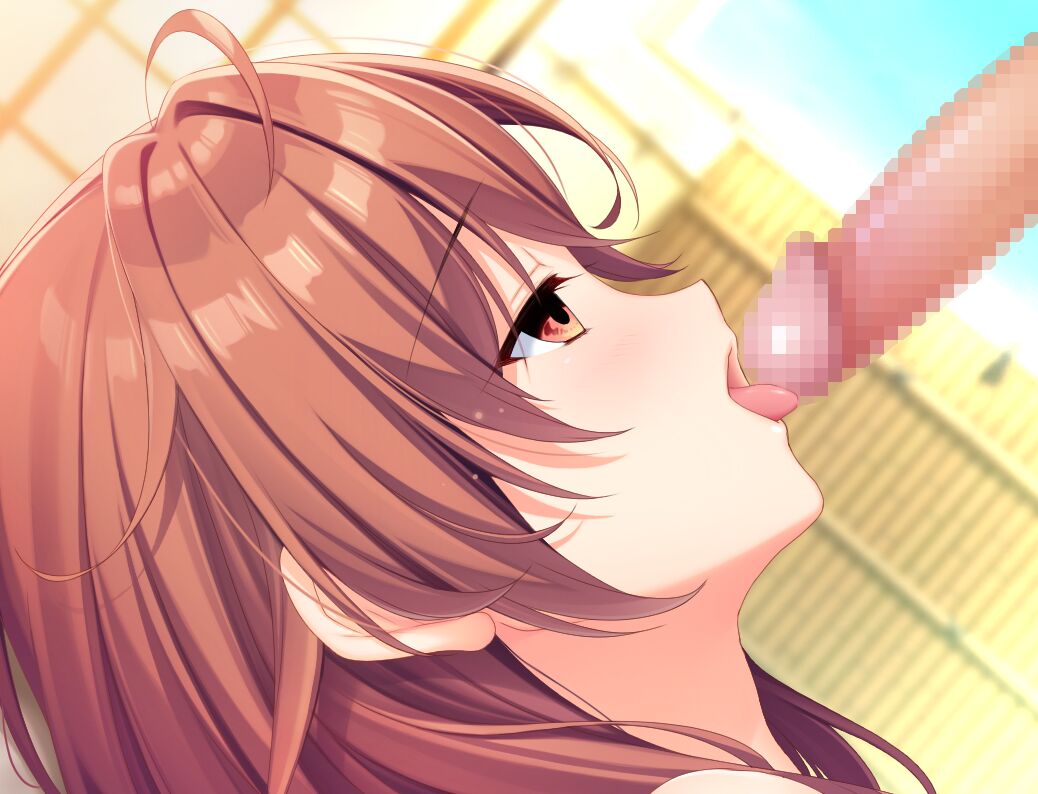 1girl ahoge alpha_(yukai_na_nakamatachi) ayase_aisa bangs blurry blurry_background brown_eyes brown_hair censored fellatio from_side game_cg hair_between_eyes half-closed_eyes hetero licking licking_penis long_hair mosaic_censoring open_mouth oral penis portrait profile shiny shiny_hair sousaku_kanojo_no_renai_koushiki straight_hair tongue tongue_out