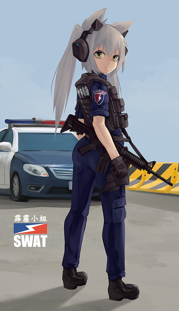 animal_ears ass assault_rifle bangs black_footwear blue_pants blue_shirt boots bulletproof_vest car chinese_commentary chinese_text commentary_request fang_zhenjun from_behind full_body grey_hair ground_vehicle gun headgear headphones holster looking_at_viewer motor_vehicle original pants police police_car police_uniform policewoman rifle shirt short_sleeves sidelocks tactical_clothes thigh_holster translation_request two_side_up uniform weapon weapon_request yellow_eyes