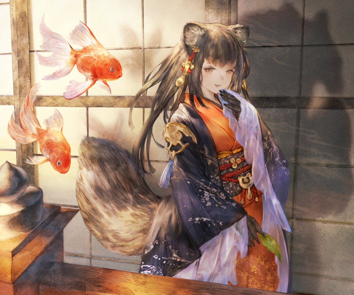 1girl animal_ears animal_hands bangs black_hair brown_eyes character_request fish flying_fish hand_up japanese_clothes kimono long_sleeves looking_at_viewer n.a. obi raccoon_ears raccoon_girl raccoon_tail sash shadowverse solo tail