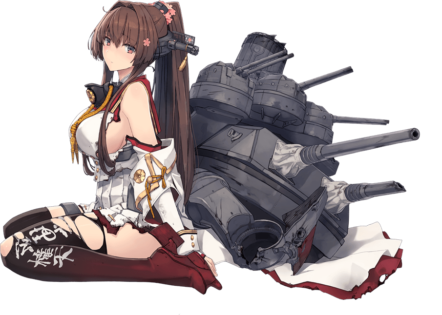 1girl black_legwear boots breasts brown_hair full_body gradient gradient_legwear headgear kantai_collection large_breasts long_hair looking_at_viewer looking_to_the_side machinery official_art ponytail red_legwear shizuma_yoshinori sitting solo thigh_boots thighhighs torn_clothes transparent_background turret wariza yamato_(kancolle) yamato_kai_ni_(kancolle)