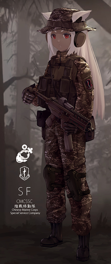 1girl animal_ears black_footwear black_gloves boonie_hat boots bulletproof_vest camouflage camouflage_jacket camouflage_pants chinese_commentary chinese_text commentary_request dark-skinned_female dark_skin ears_through_headwear fang_zhenjun forest full_body gloves gun holding holding_gun holding_weapon holster jacket knee_pads long_hair military nature original pants red_eyes sidelocks soldier standing submachine_gun tactical_clothes thigh_holster translation_request v-shaped_eyebrows weapon white_hair