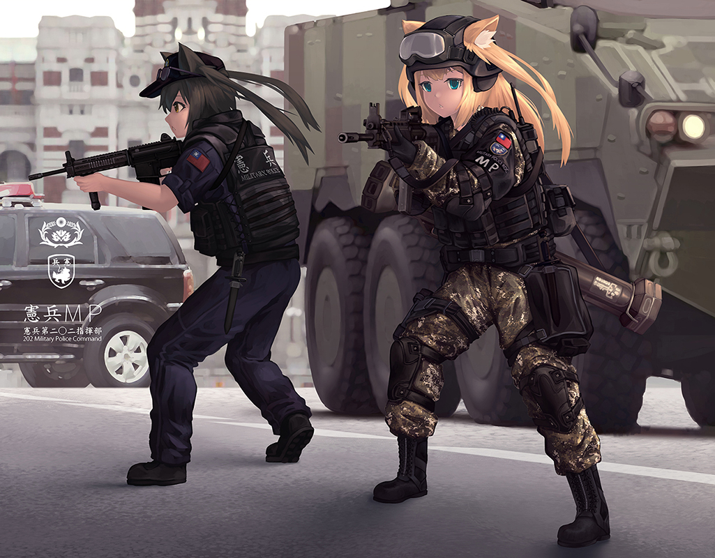 2girls animal_ears aqua_eyes armored_vehicle assault_rifle bangs black_footwear black_gloves blonde_hair blue_jacket blue_pants boots bulletproof_vest camouflage camouflage_jacket camouflage_pants car chinese_commentary chinese_text commentary_request ears_through_headwear eyewear_on_headwear fang_zhenjun full_body gloves goggles goggles_on_headwear grey_hair ground_vehicle gun helmet holding holding_gun holding_weapon jacket knee_pads knife long_hair long_sleeves military military_helmet military_police military_vehicle motor_vehicle multiple_girls original pants police republic_of_china_flag rifle rocket_launcher short_sleeves soldier standing tactical_clothes translation_request two_side_up weapon weapon_request