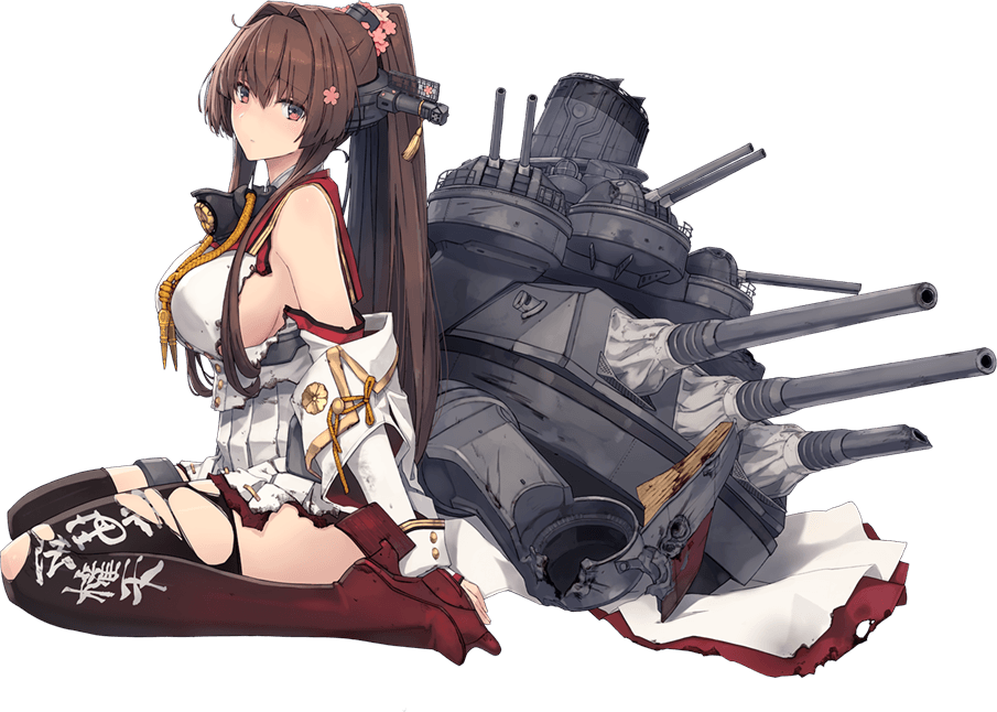 1girl black_legwear boots breasts brown_hair full_body headgear kantai_collection large_breasts long_hair looking_at_viewer looking_to_the_side machinery official_art ponytail shizuma_yoshinori sitting solo thigh_boots thighhighs torn_clothes transparent_background turret wariza yamato_(kancolle) yamato_kai_ni_(kancolle)