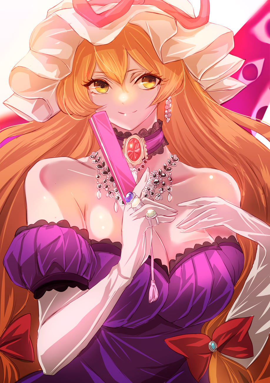 1girl bangs blonde_hair blush breasts brooch choker cleavage closed_mouth collarbone dress earrings elbow_gloves eyelashes gap_(touhou) gloves hair_ribbon hand_fan hand_on_own_chest hat hat_ribbon highres jan_(lightdragoon) jewelry large_breasts long_hair looking_at_viewer mob_cap multiple_rings off-shoulder_dress off_shoulder purple_dress red_ribbon ribbon ring sidelocks smile solo touhou tress_ribbon very_long_hair white_gloves white_headwear yakumo_yukari yellow_eyes
