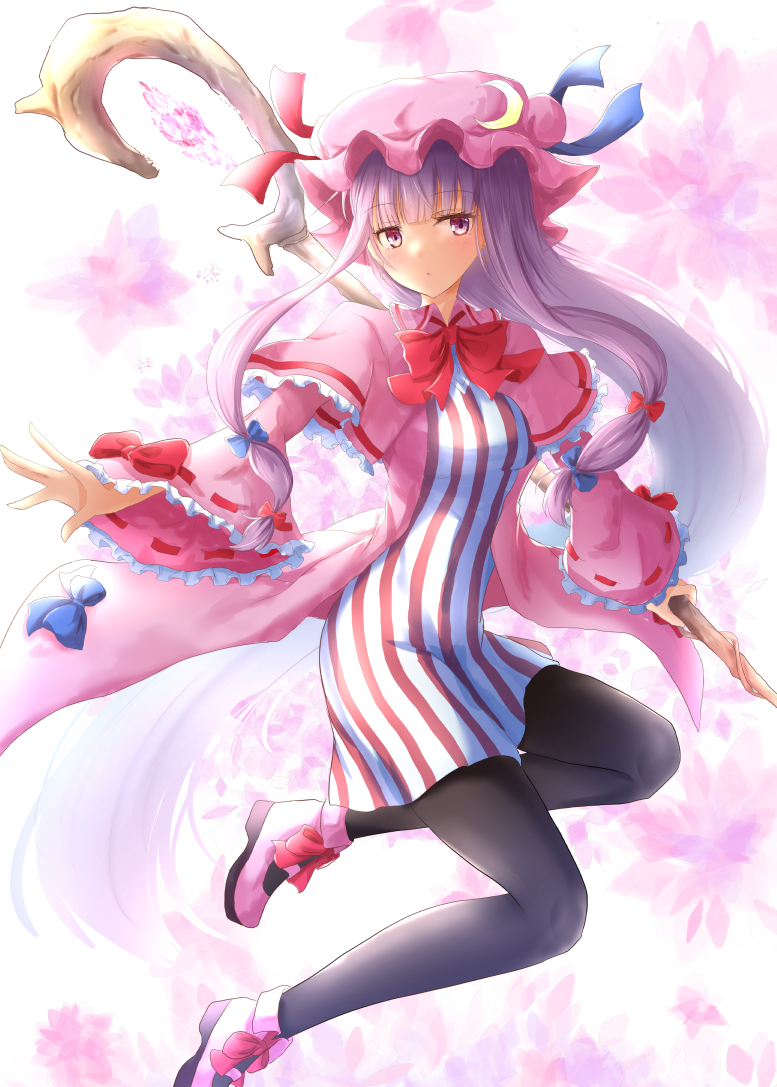 1girl black_legwear blue_bow blush bow breasts crescent dress hair_bow hat long_hair long_sleeves looking_at_viewer mob_cap pantyhose patchouli_knowledge purple_eyes purple_hair ram_hachimin red_bow red_ribbon ribbon solo striped touhou very_long_hair