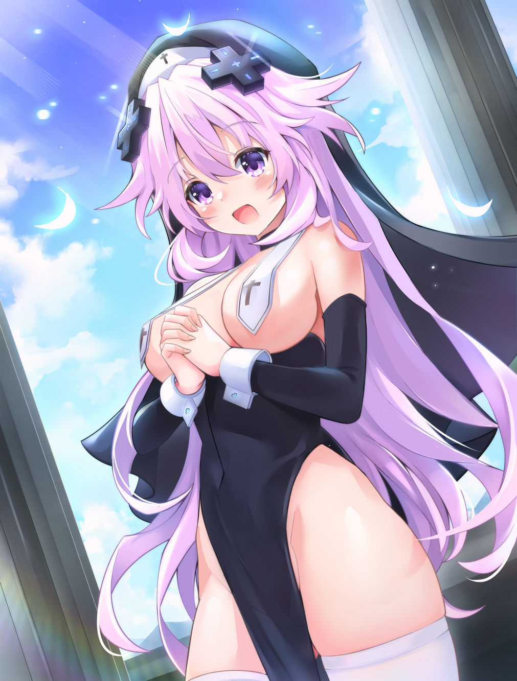 1girl :d adult_neptune alternate_costume bare_shoulders black_dress blush breasts breasts_out convenient_censoring covered_navel covered_nipples d-pad d-pad_hair_ornament day detached_sleeves dress exhibitionism giga-tera groin habit hair_ornament hands_up highres interlocked_fingers long_hair looking_at_viewer medium_breasts neptune_(series) no_bra no_panties nun outdoors own_hands_together public_indecency purple_eyes purple_hair revealing_clothes skindentation smile solo thighhighs topless very_long_hair white_legwear wrist_cuffs