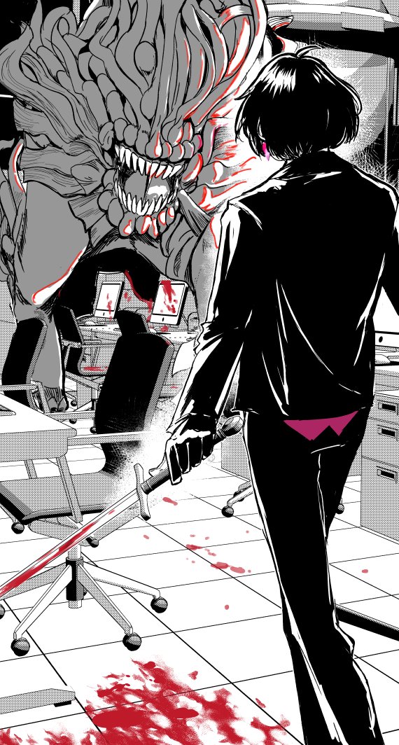 1boy blood blood_on_weapon blood_splatter chair commentary computer constantine_xi_(fate) drawer earrings facing_away fate/grand_order fate_(series) feet_out_of_frame formal from_behind gloves holding holding_sword holding_weapon jewelry male_focus monochrome monster office office_chair open_mouth royst sharp_teeth short_hair solo spot_color suit sword table teeth tile_floor tiles weapon