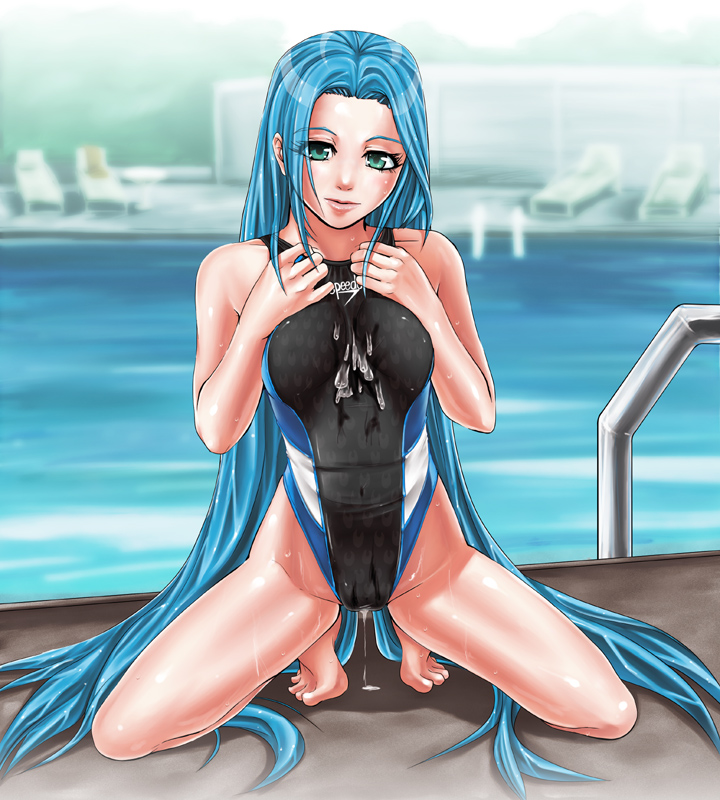 bad_feet barefoot blue_hair competition_swimsuit copyright_request cum green_eyes highleg highleg_swimsuit inoue_makito kneeling long_hair one-piece_swimsuit pool shiny shiny_skin spread_legs swimsuit