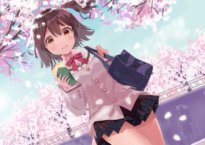 1girl bag bangs black_skirt blue_sky blush bookbag bow brown_eyes brown_hair brown_jacket cherry_blossoms crepe dutch_angle food hand_up holding holding_food idolmaster idolmaster_million_live! idolmaster_million_live!_theater_days jacket kasuga_mirai looking_at_viewer outdoors plaid plaid_skirt red_bow school_uniform short_hair side_ponytail skirt sky solo standing tree