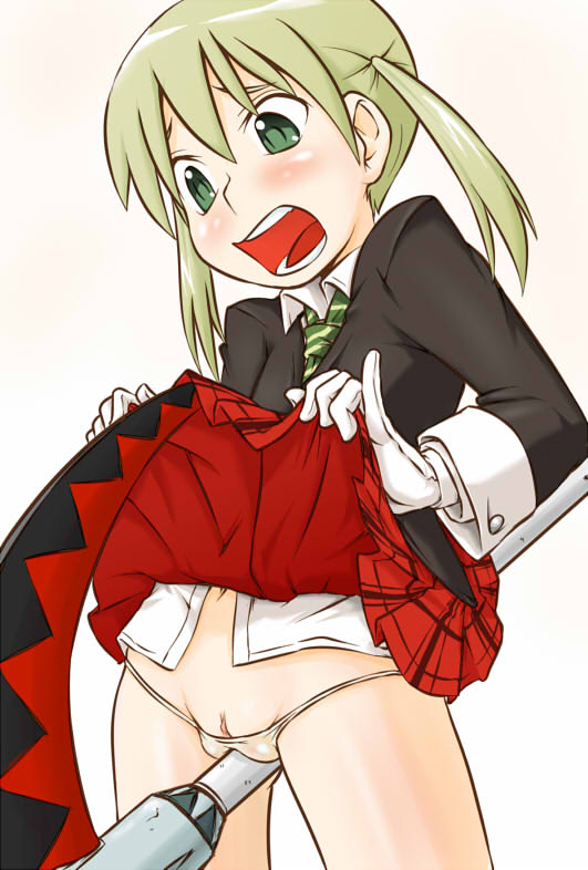 bad_id bad_pixiv_id blonde_hair blush clitoris_slip gloves green_eyes lowleg lowleg_panties maka_albarn panties pinky_out plaid plaid_skirt pussy pussy_peek scythe skirt soul_eater soul_eater_(character) takanaga_kouhei twintails underwear white_panties