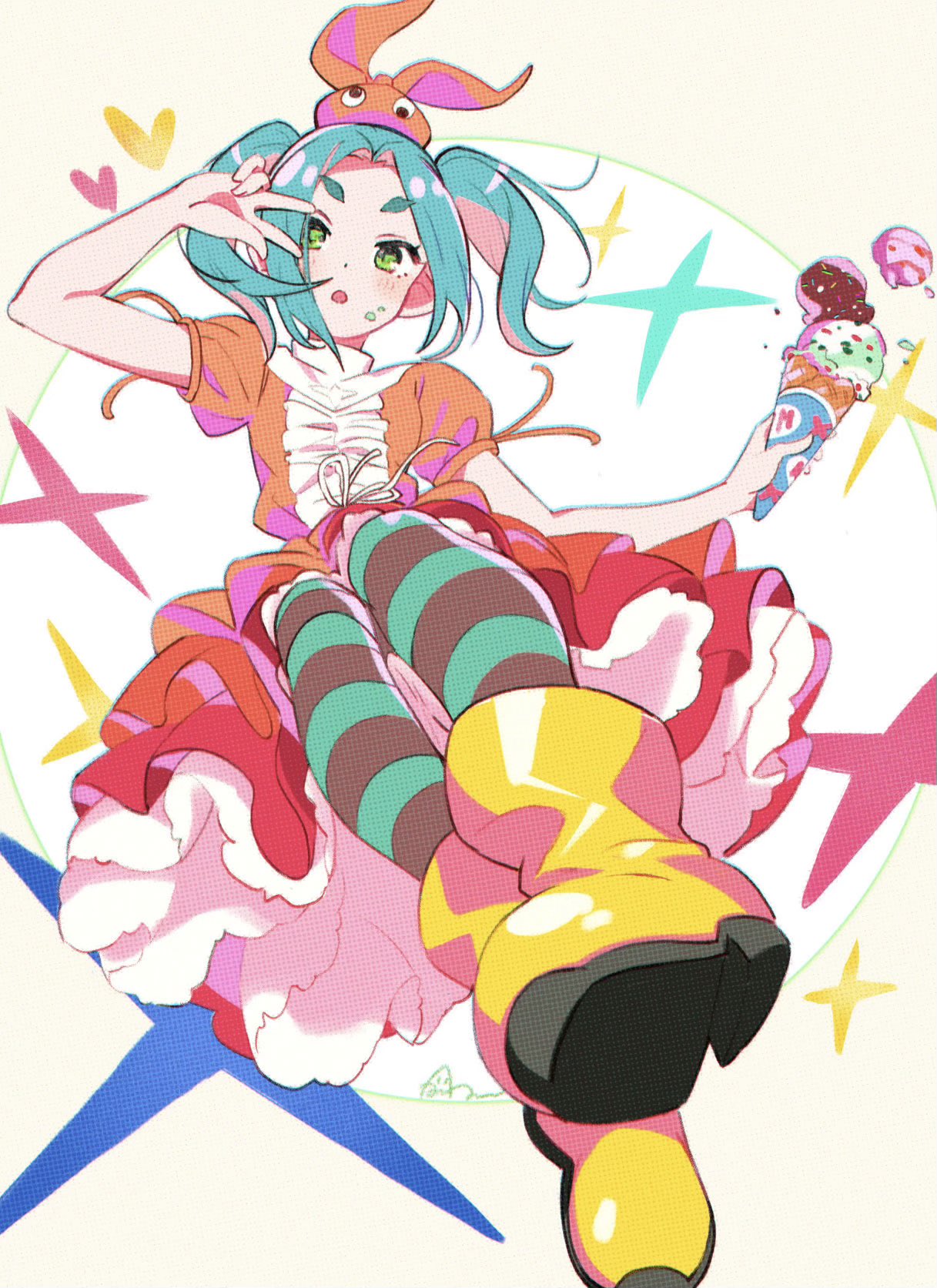 1girl :o aqua_hair artist_name black_legwear blush boots commentary dress food food_on_face foreshortening full_body green_legwear greened hat heart highres hikimayu holding holding_food holding_ice_cream horizontal_stripes ice_cream ice_cream_cone monogatari_(series) ononoki_yotsugi open_mouth orange_dress orange_headwear parted_hair rubber_boots screentones short_eyebrows signature solo sparkle striped striped_legwear tanaka_(colorcorn) texture thick_eyebrows thighhighs v v_over_eye white_background yellow_background yellow_footwear