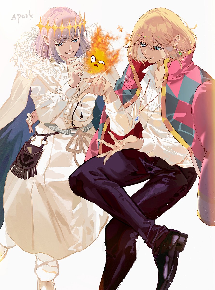 2boys artist_name bangs belt black_footwear black_pants blonde_hair blue_eyes bob_cut calcifer cape coat coat_on_shoulders collared_shirt crossed_legs crossover crown deltapork earrings fate/grand_order fate_(series) feather_trim feet_out_of_frame fire floating_hair fringe_trim grey_hair hairstyle_connection hand_up highres howl_(howl_no_ugoku_shiro) howl_no_ugoku_shiro invisible_chair jewelry long_sleeves looking_at_another multiple_boys necklace oberon_(fate) pants parted_lips pendant pointy_ears pouch shirt shoes sideways_glance simple_background sitting smile uneven_eyes white_background white_cape white_pants white_robe white_shirt