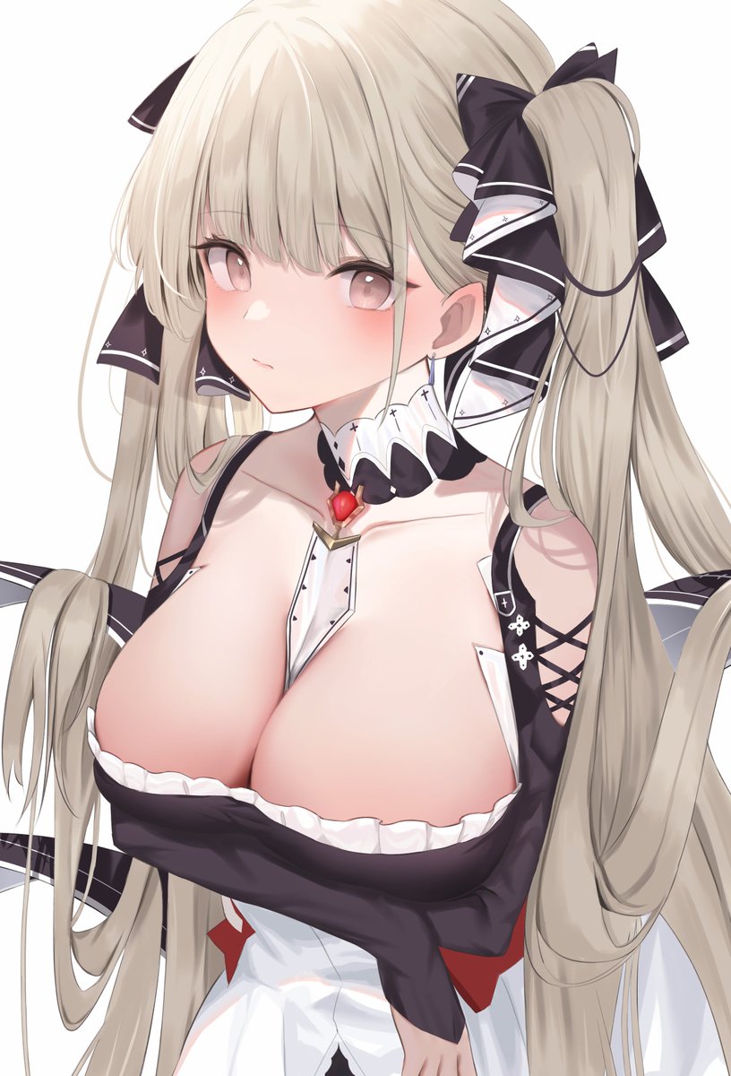 1girl arms_under_breasts azur_lane bare_shoulders between_breasts black_dress breasts cleavage clothing_cutout daily_(daily178900) detached_collar dress flight_deck formidable_(azur_lane) frilled_dress frills grey_hair highres large_breasts long_hair looking_at_viewer necktie necktie_between_breasts pink_eyes red_eyes shoulder_cutout simple_background solo twintails two-tone_dress two-tone_ribbon upper_body very_long_hair white_background white_dress