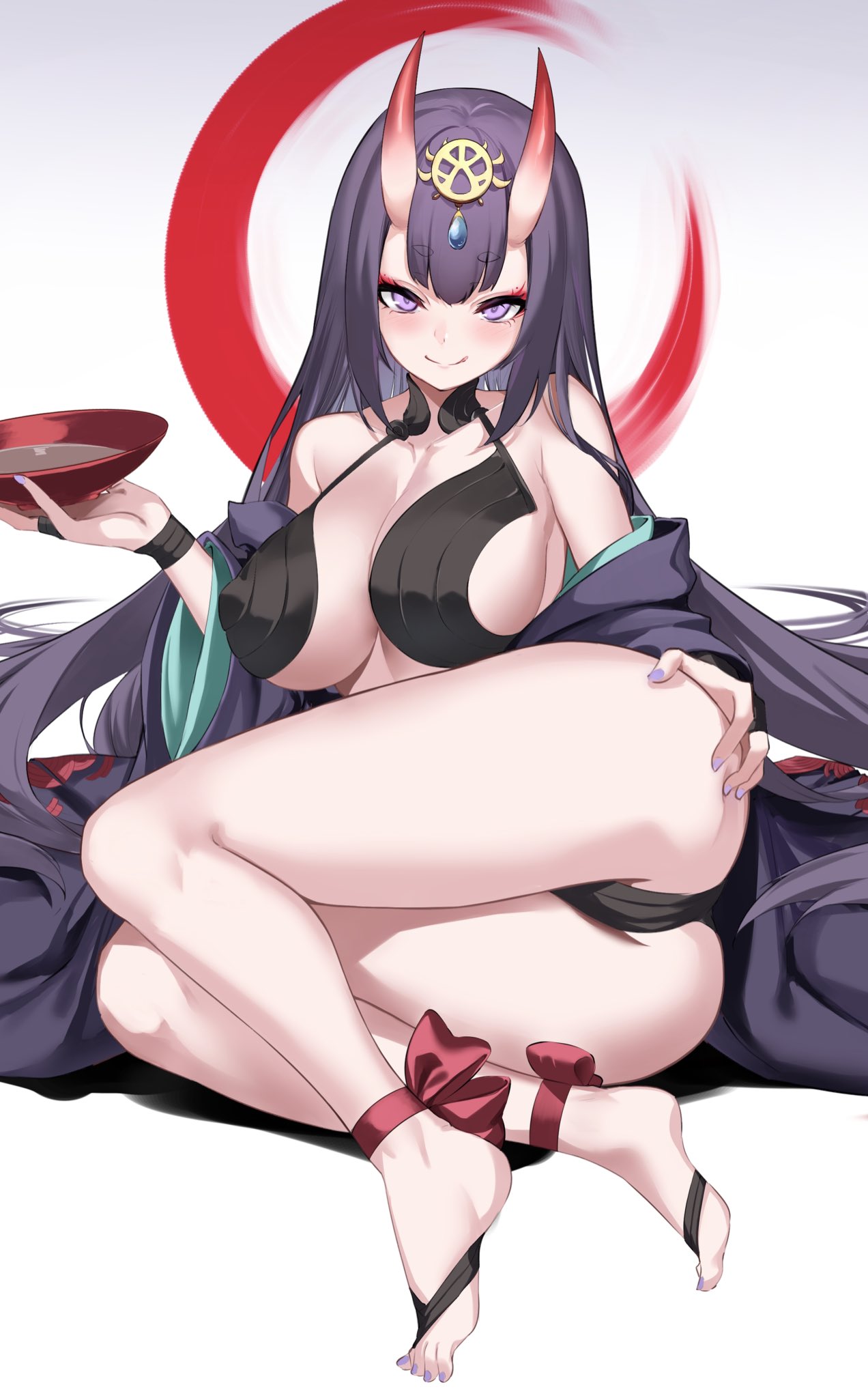 1girl alternate_breast_size alternate_hair_length alternate_hairstyle ass bangs bare_shoulders breasts cleavage collarbone cup eyebrows_visible_through_hair eyeliner fate/grand_order fate_(series) headpiece highres holding holding_cup horns japanese_clothes kimono large_breasts licking_lips long_hair long_sleeves looking_at_viewer makeup nail_polish off_shoulder older oni oni_horns purple_eyes purple_hair purple_kimono purple_nails revealing_clothes sakazuki short_eyebrows shuten_douji_(fate) skin-covered_horns smile solo spider_apple thighs tongue tongue_out wide_sleeves