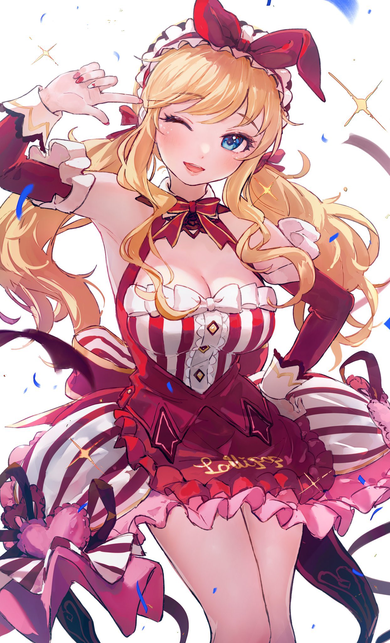 1girl :d bangs bare_shoulders blonde_hair blue_eyes bow breasts cleavage detached_sleeves dress eyebrows_visible_through_hair hairband hand_on_hip highres idolmaster large_breasts long_hair long_sleeves nail_polish neck_ribbon official_alternate_costume ohtsuki_yui one_eye_closed open_mouth red_dress red_hairband red_nails red_ribbon ribbon shiny shiny_hair smile solo takeashiro teeth twintails upper_teeth white_bow