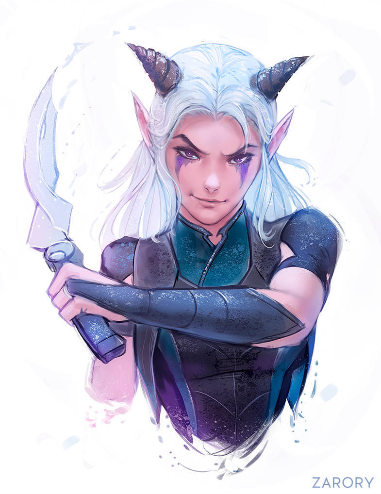 2019 breasts clothing elf female hair holding_object holding_sword holding_weapon horn humanoid humanoid_pointy_ears long_hair looking_at_viewer markings melee_weapon not_furry purple_eyes rayla signature simple_background solo sword the_dragon_prince weapon white_background white_hair zarory