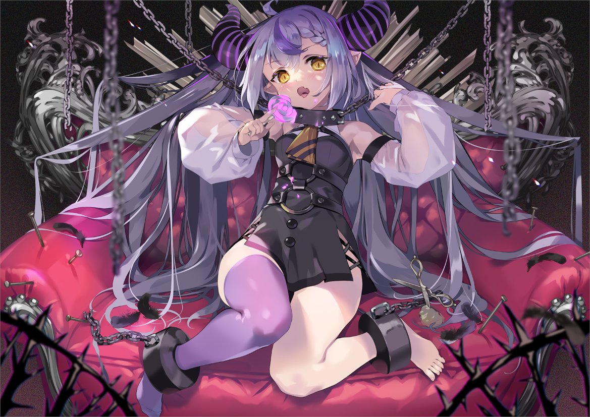 1girl armchair black_dress braid chain chair cuffs detached_sleeves dress fang full_body hololive horns la+_darknesss long_hair looking_at_viewer multicolored_hair necktie open_mouth oswald_musashi pointy_ears purple_hair purple_legwear shackles sidelocks single_thighhigh sitting solo streaked_hair striped_horns striped_necktie thigh_gap thighhighs tongue very_long_hair virtual_youtuber yellow_eyes
