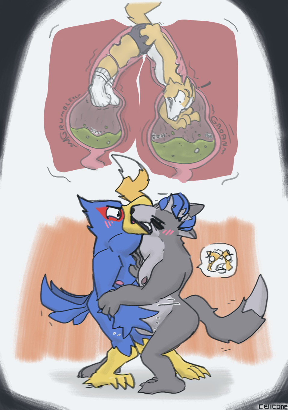 accidental_kiss anthro avian beak blush bodily_fluids canid canine canis cellcone clothed clothing digital_drawing_(artwork) digital_media_(artwork) falco_lombardi fox fox_mccloud group hi_res internal male mammal neck_bulge nintendo nude open_mouth oral_vore organs partially_clothed prey_sharing simple_background soft_vore star_fox stomach stomach_acid struggling trio unwilling_prey video_games vore wolf wolf_o'donnell