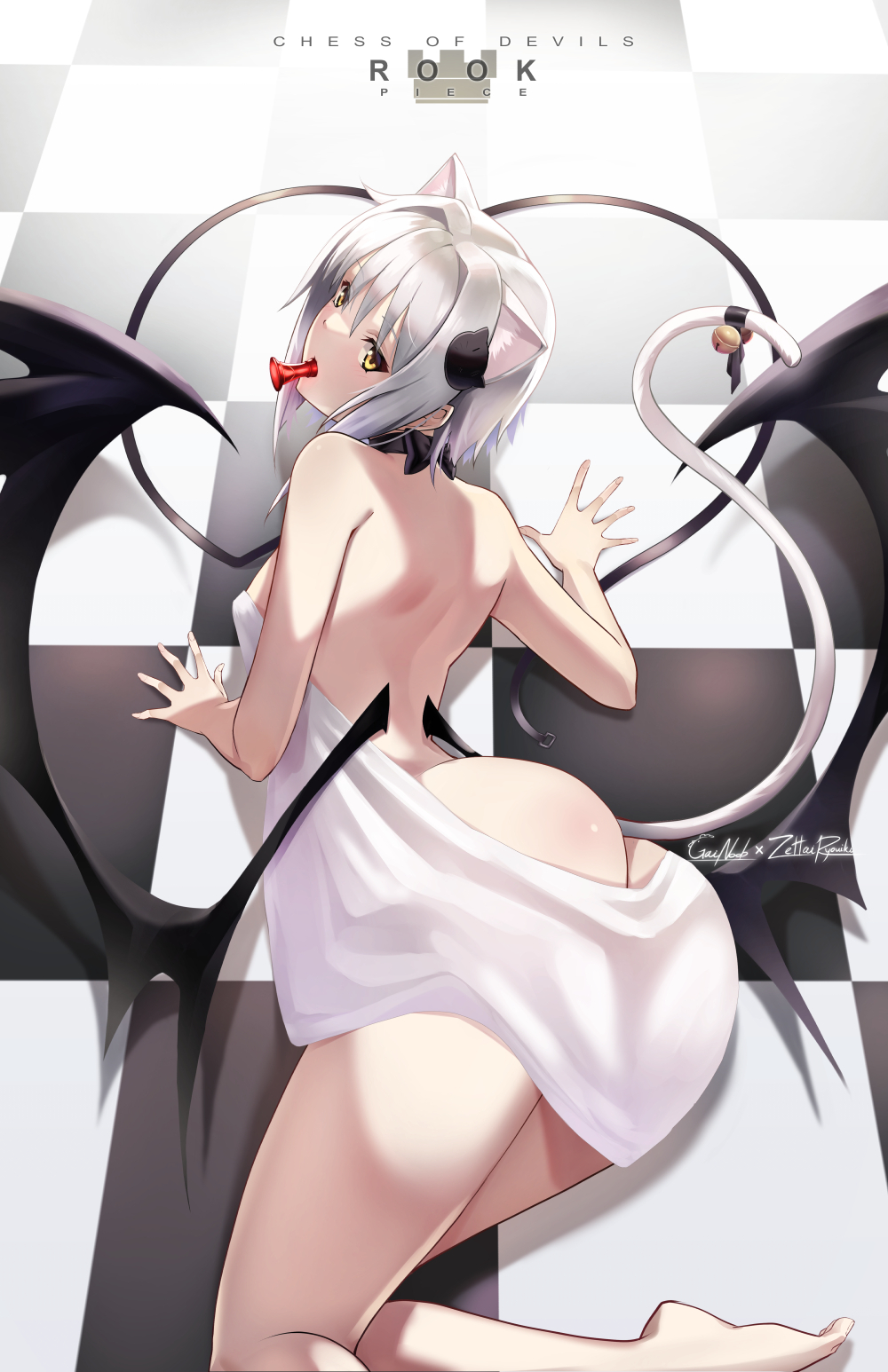 1girl animal_ears ass back bell black_bow black_bowtie bow bowtie breasts cat_ears cat_girl cat_hair_ornament cat_tail checkered_floor chess_piece demon_horns dress english_text gainoob hair_intakes hair_ornament high_school_dxd highres horns looking_at_viewer looking_back lying mouth_hold on_stomach revealing_clothes rook_(chess) solo tail tail_bell tail_ornament thighs toujou_koneko white_dress white_hair yellow_eyes