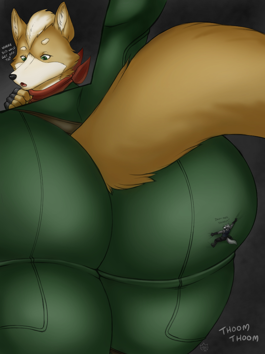 anthro big_butt butt clothed clothing duo fox_mccloud hi_res huge_butt macro male male/male micro mkvero nintendo star_fox unaware video_games wolf_o'donnell