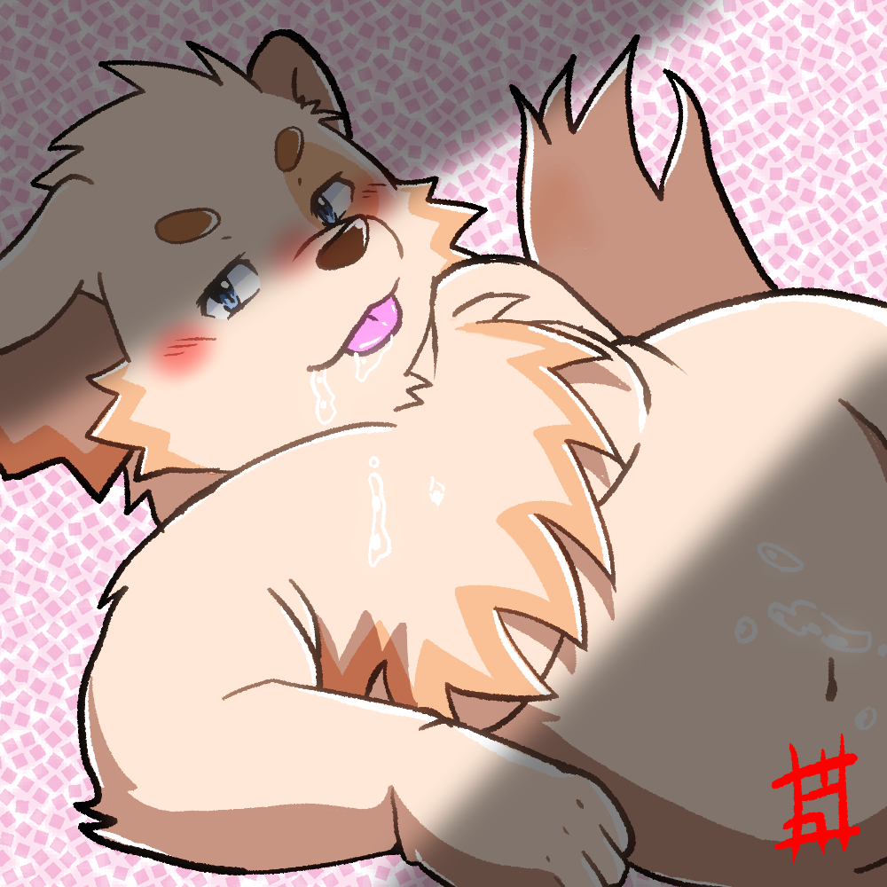 anthro belly bird_dog blep blush bodily_fluids canid canine canis chest_tuft cu_sith_(tas) cum domestic_dog floppy_ears genital_fluids golden_retriever hunting_dog katazaki lifewonders male mammal naughty_face navel nude overweight retriever solo tokyo_afterschool_summoners tongue tongue_out tuft video_games