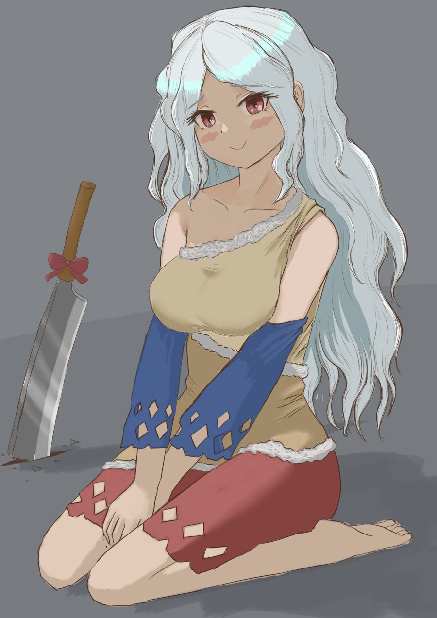 1girl bad_leg bare_shoulders barefoot between_legs blush breasts cleaver collarbone detached_sleeves dress full_body grey_background grey_hair highres kanisquirrel large_breasts long_hair looking_at_viewer multicolored_clothes multicolored_dress open_mouth planted planted_sword purple_eyes ribbon sakata_nemuno simple_background single_strap sitting solo sword touhou very_long_hair wariza weapon
