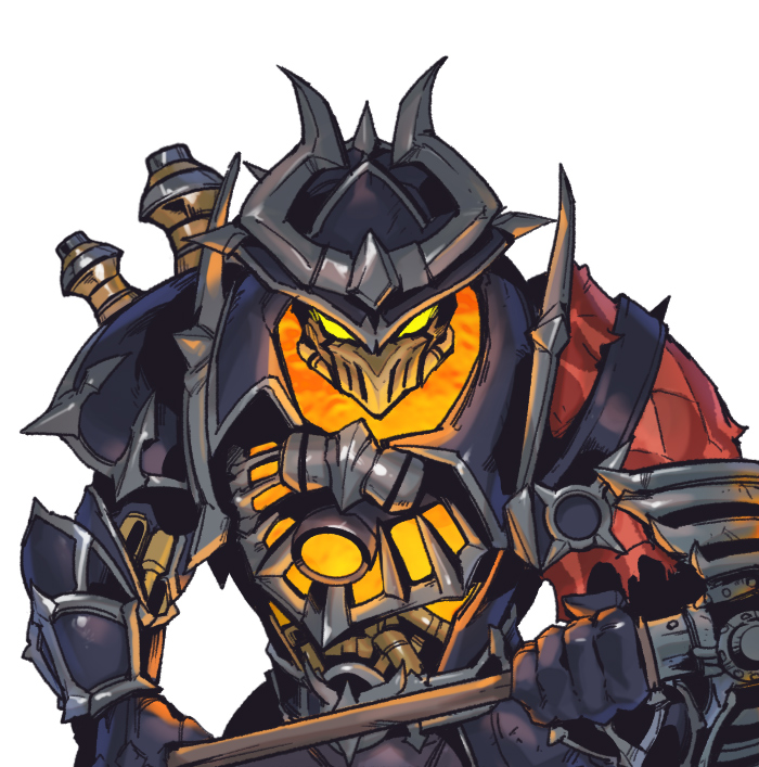 1boy armor bangs black_gloves full_armor gloves glowing glowing_eyes hat high_noon_mordekaiser holding holding_weapon league_of_legends looking_at_viewer male_focus mordekaiser orange_eyes phantom_ix_row solo weapon