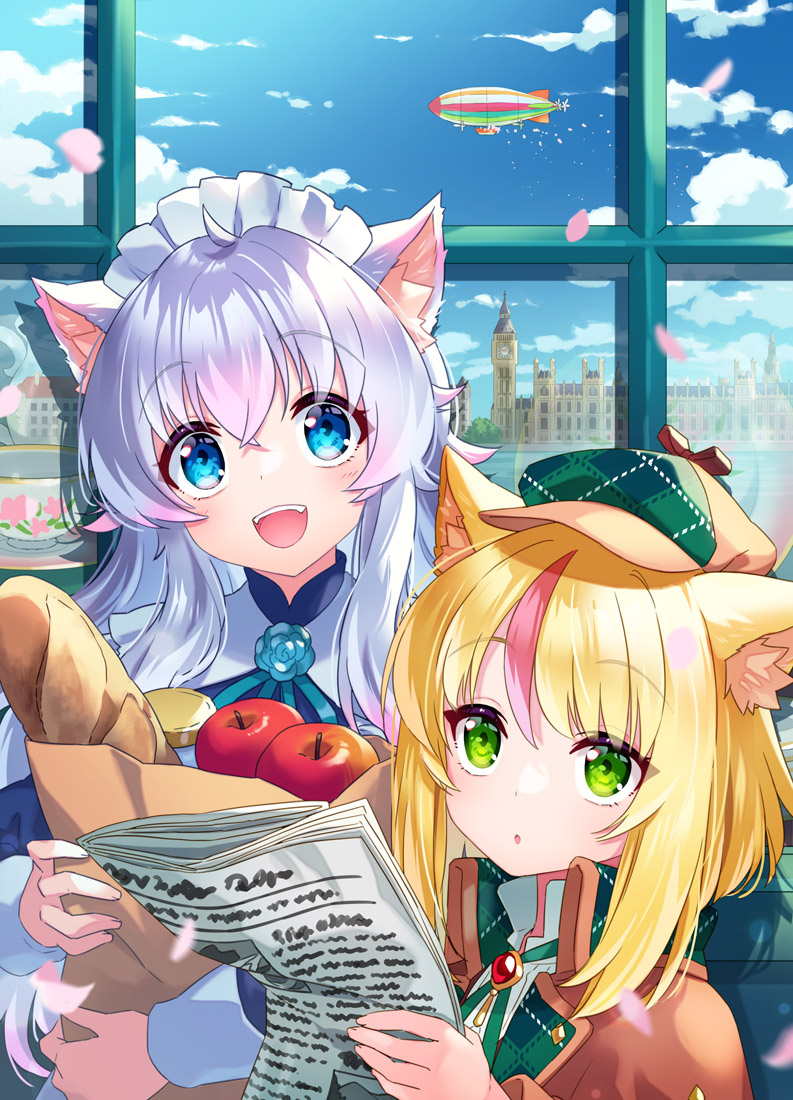 2girls :d :o ahoge animal_ear_fluff animal_ears apple bag baguette bangs blonde_hair blue_dress blue_eyes bread brown_coat buckingham_palace coat day dress elizabeth_tower eyebrows_visible_through_hair eyes_visible_through_hair food fruit green_eyes grey_hair grocery_bag hair_between_eyes hair_over_shoulder hisana holding holding_bag holding_newspaper indoors london long_hair looking_at_viewer maid maid_headdress medium_hair multiple_girls newspaper original plaid_coat plaid_headwear sherlock_holmes shopping_bag smile teeth upper_teeth window