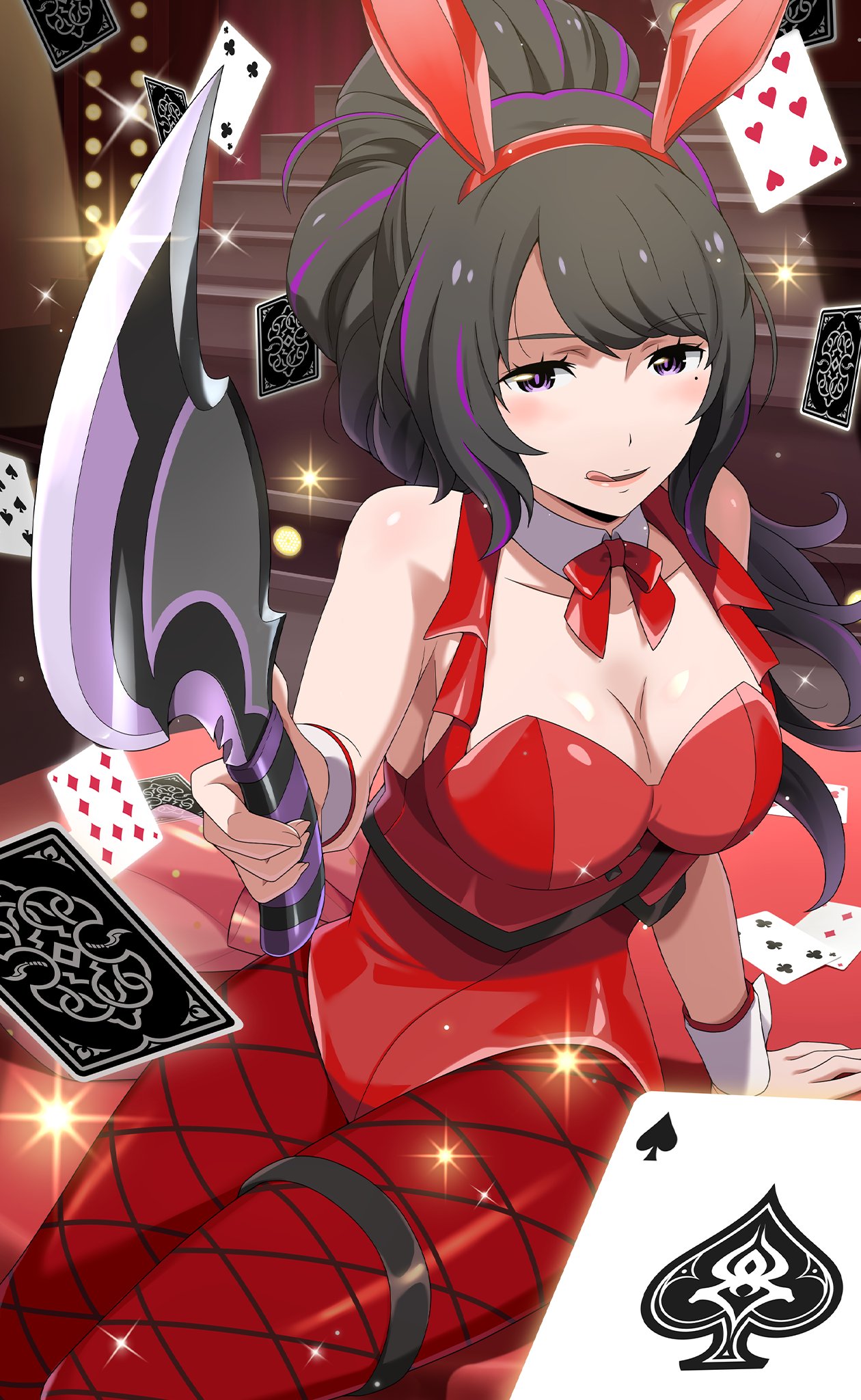 1girl ace_of_spades alternate_costume alternate_hairstyle black_hair bow bowtie breasts club_(shape) detached_sleeves diamond_(shape) elsa_granhilte fishnet_legwear fishnets heart high_ponytail highres holding holding_knife indoors knife large_breasts leotard licking_lips long_hair looking_at_viewer mole mole_under_eye multicolored_hair official_art pantyhose playboy_bunny purple_eyes purple_hair re:zero_kara_hajimeru_isekai_seikatsu red_legwear red_leotard sitting spade_(shape) streaked_hair thigh_strap tongue tongue_out traditional_bowtie wrist_cuffs