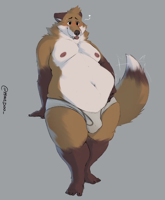 &lt;3 anthro belly big_belly blush bodily_fluids bulge canid canine clothing feet fox male mammal minedoo moobs motion_lines navel only overweight overweight_anthro overweight_male simple_background solo sweat tail tail_motion tailwag text tongue tongue_out underwear