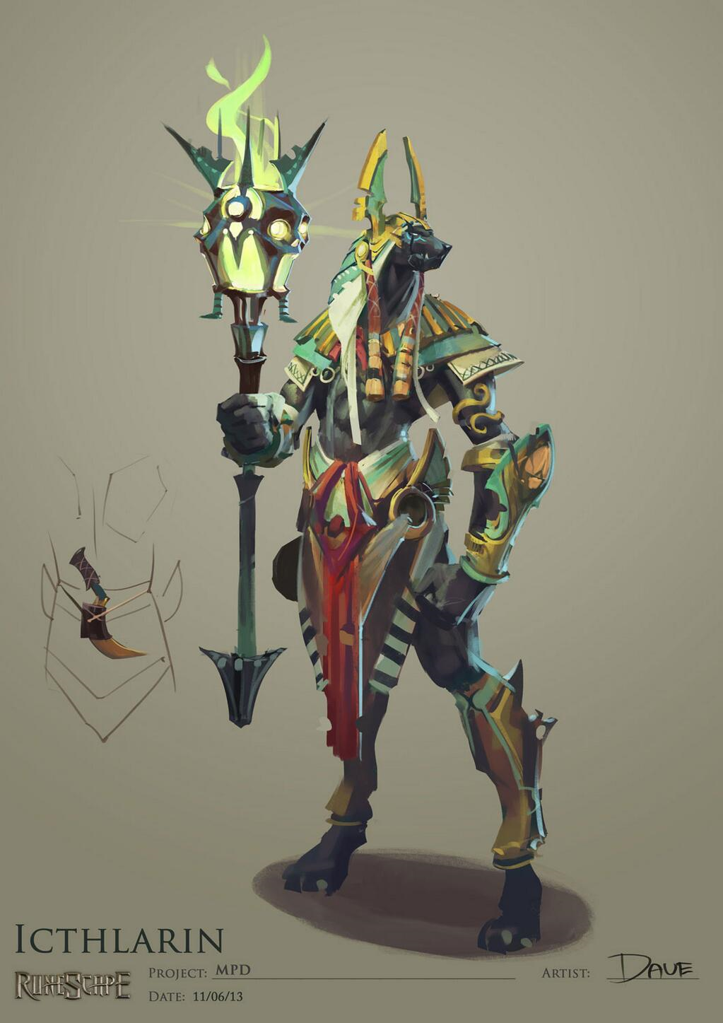 2013 anthro anubian_jackal armor canid canine canis clothing concept_art david_barker deity egyptian_clothing egyptian_headdress egyptian_mythology hi_res icthlarin jackal looking_aside magic_user male mammal middle_eastern_mythology midriff mythology official_art runescape sickle solo staff