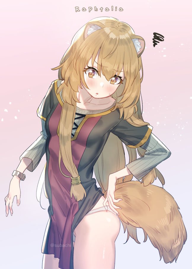 1girl animal_ear_fluff animal_ears blush brown_eyes brown_hair character_name commentary_request dress eyebrows_visible_through_hair gradient gradient_background long_hair long_sleeves open_mouth panties raphtalia short_over_long_sleeves short_sleeves simple_background solo squiggle subachi tail tate_no_yuusha_no_nariagari twitter_username underwear