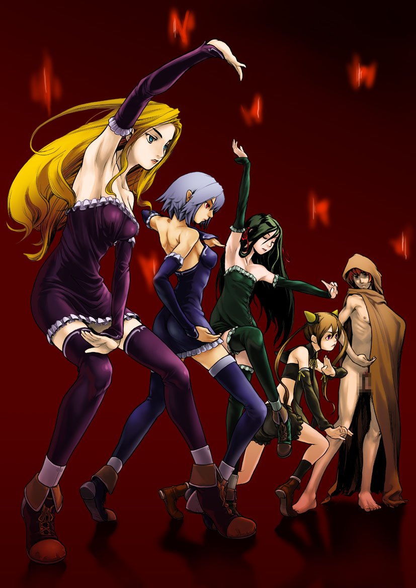 4girls armpits bare_shoulders barefoot cape censored character_request elbow_gloves face fighting_stance futaba_channel gloves hands lesty multiple_girls parody penis pose red_garden rusty sanada-x thighhighs tyris