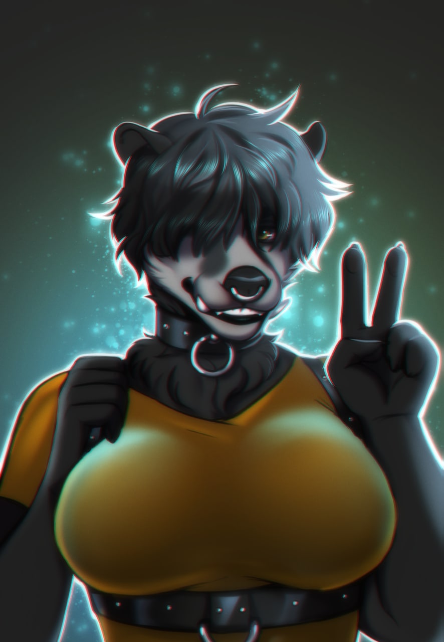 anthro badger big_breasts black_body black_fur black_hair black_lips breasts bust_portrait clothed clothing collar facial_piercing fangs female fur gesture hair hair_over_eye hi_res lips looking_at_viewer mammal mustelid musteline nose_piercing nose_ring one_eye_obstructed piercing portrait sergevna_(character) short_hair smile solo teeth tomboy v_sign valeskart