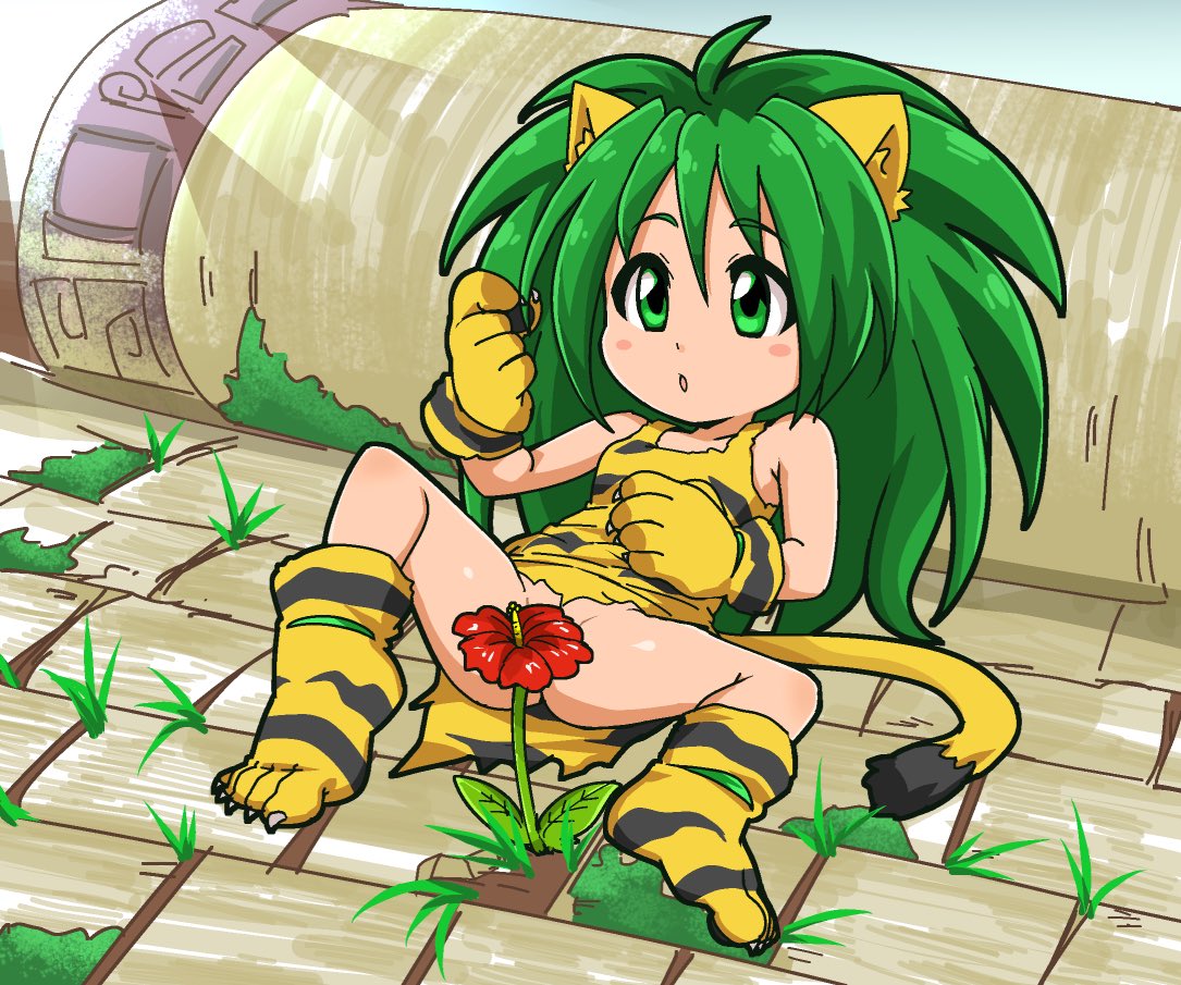 1girl animal_ears animal_hands animal_print breasts cat_ears cat_tail cham_cham convenient_censoring flower full_body gloves green_eyes green_hair hiru_made_ne-tarou long_hair paw_gloves paw_shoes samurai_spirits small_breasts solo tail tiger_print