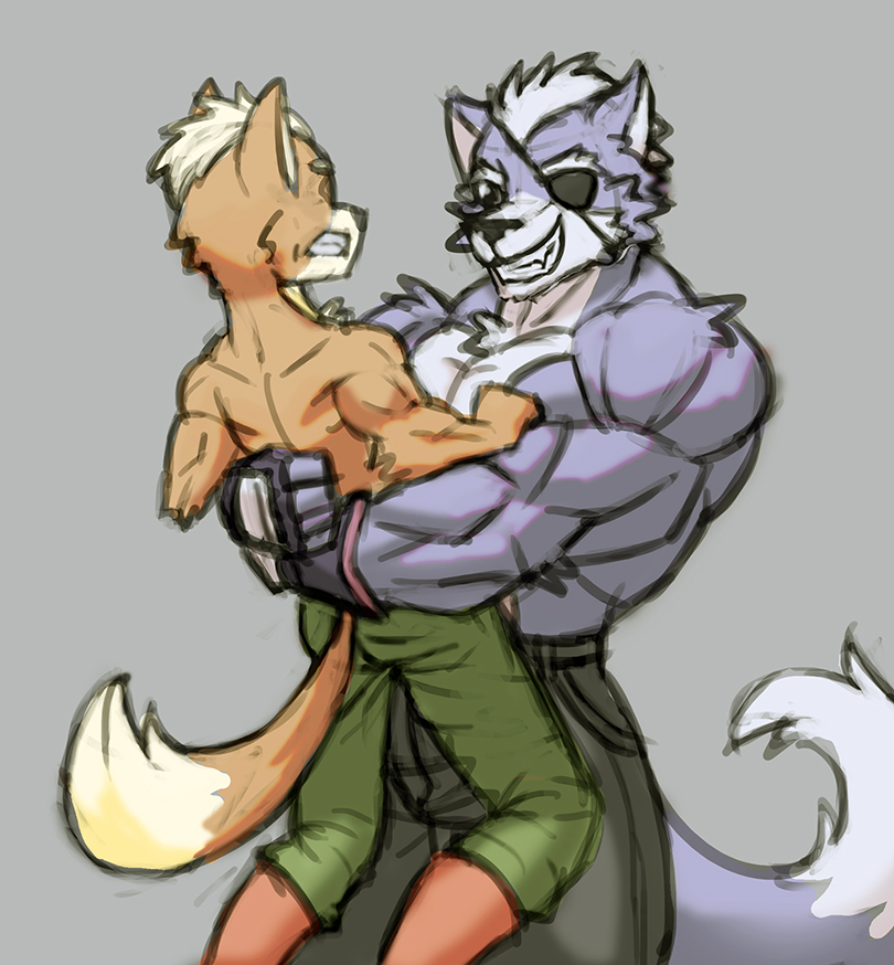 anthro bear_hug canid canine canis duo eye_patch eyewear fight fox_mccloud male mammal muscular muscular_male nintendo star_fox video_games weakly wolf wolf_o'donnell