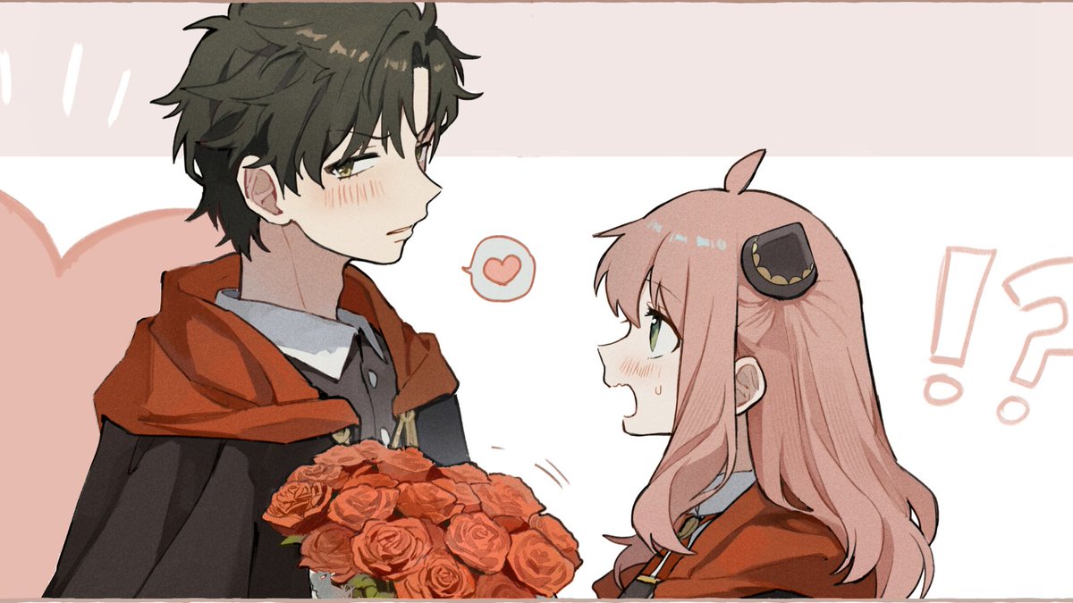 !? 1boy 1girl ahoge anya_(spy_x_family) bangs blush bouquet buttons cape closed_mouth commentary_request damian_desmond dango_(uni_520) eden_academy_uniform flower green_eyes heart holding holding_bouquet horn_ornament horns long_sleeves looking_at_another medium_hair meme older open_mouth pink_hair rose sidelocks sparkle spoken_heart spy_x_family sweatdrop two-sided_cape two-sided_fabric