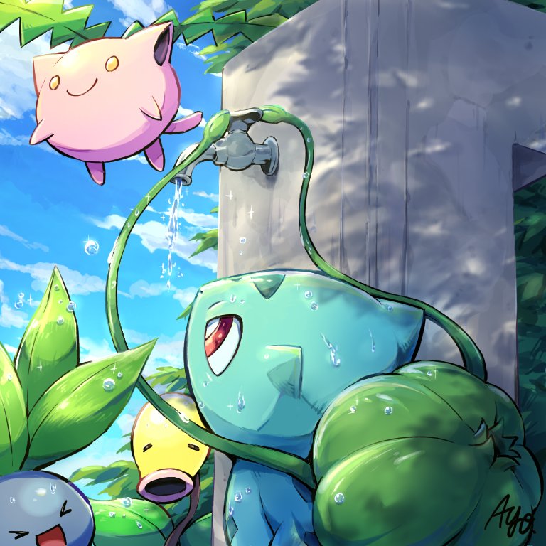 &gt;_&lt; ayo_(ayosanri009) bellsprout bright_pupils bulbasaur closed_mouth cloud commentary_request day faucet hoppip no_humans oddish outdoors pokemon pokemon_(creature) red_eyes sky smile sparkle water water_drop white_pupils yellow_eyes