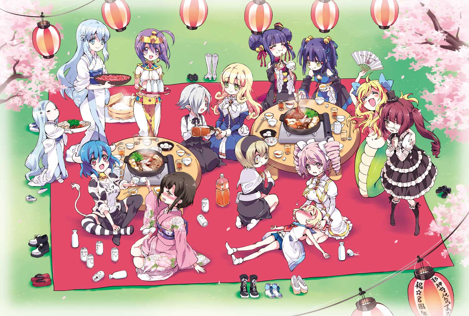 6+girls ahoge alcohol animal_print bell black_hair blonde_hair blue_eyes blue_hair blue_shorts blush boots boots_removed breasts brown_eyes brown_hair cherry_blossoms chinese_clothes cleavage closed_eyes closed_mouth cow_girl cow_horns cow_print cow_tail cowbell double_bun dress drill_hair egyptian_clothes eyepatch fang food frilled_dress frills gothic_lolita green_eyes hair_bell hair_bun hair_ornament hair_ribbon hairband hanami hanazono_yurine hand_fan hand_on_another's_hip hat horns japanese_clothes jashin-chan jashin-chan_dropkick kimono kouji_(jashin-chan_dropkick) kyon-kyon_(jashin-chan_dropkick) lamia lap_pillow large_breasts lierre lolita_fashion long_hair looking_at_another looking_at_viewer medusa_(jashin-chan_dropkick) mini_hat minos_(jashin-chan_dropkick) monster_girl multiple_girls no_bra official_art open_mouth outdoors paper_fan pekora_(jashin-chan_dropkick) persephone_ii pink_eyes pink_hair pino_(jashin-chan_dropkick) pointy_ears poporon_(jashin-chan_dropkick) purple_eyes purple_hair ran-ran red_eyes ribbon shoes shoes_removed short_hair shorts sleeping small_breasts smile snowflake_hair_ornament striped striped_legwear tachibana_mei_(jashin-chan_dropkick) tail thighhighs tongue tongue_out twin_drills twintails white_hair yellow_eyes yukata yukiwo yusa_(jashin-chan_dropkick)
