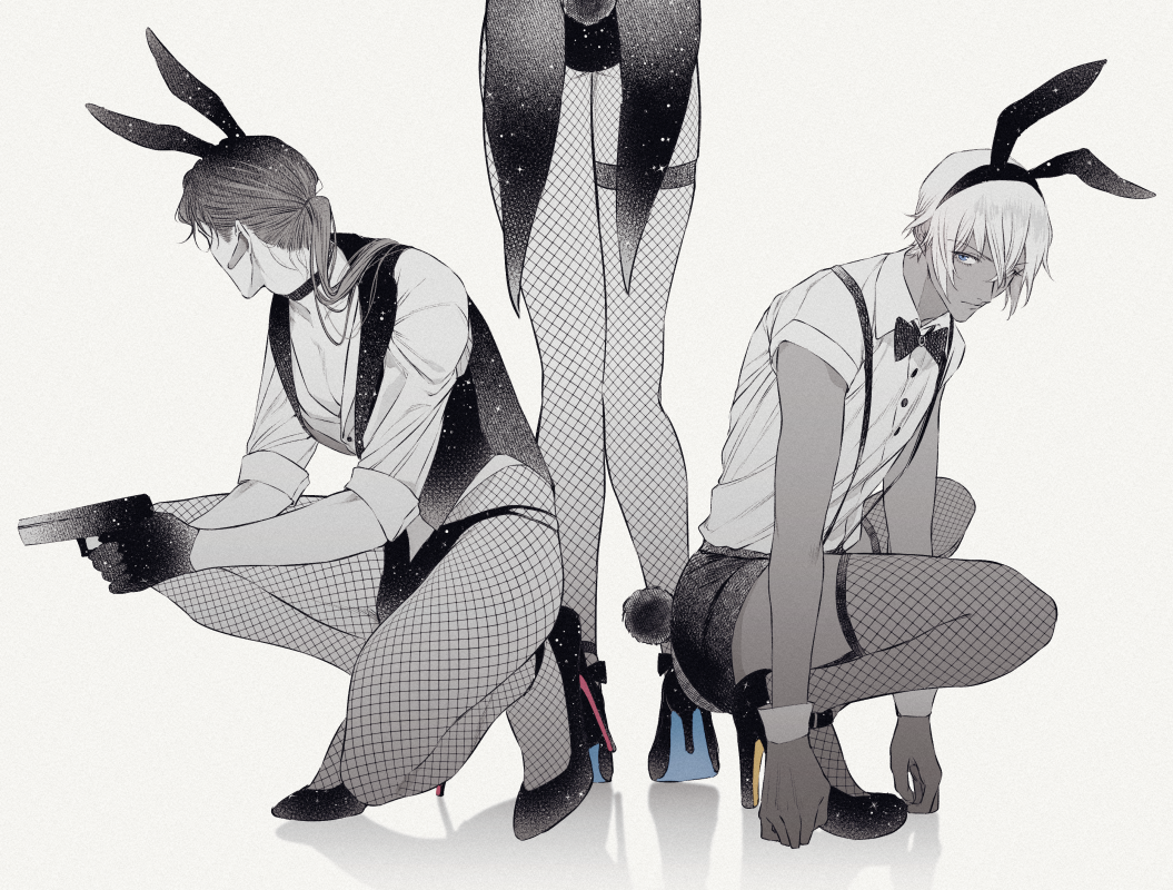 3boys akai_shuuichi amuro_tooru animal_ears bangs blue_eyes choker collared_shirt dark-skinned_male dark_skin dress_shirt earbuds earphones facial_hair facing_away fake_animal_ears fake_tail fighting_stance finger_on_trigger fishnet_legwear fishnets garter_straps gun hair_over_shoulder hairband handgun high_heels holding holding_gun holding_weapon long_sleeves looking_at_viewer male_focus male_playboy_bunny meitantei_conan multi-strapped_panties multiple_boys necktie oghr out_of_frame panties pantyhose pectoral_cleavage pectorals ponytail rabbit_tail scotch_(meitantei_conan) shadow shirt shoe_soles short_hair short_sleeves shorts sleeves_folded_up solo_focus spot_color squatting stiletto_heels stubble suspender_shorts suspenders tail tailcoat thigh_strap thighhighs underwear weapon wrist_cuffs