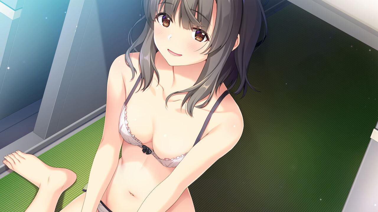 1girl bangs barefoot black_bow bow bow_bra bra breasts brown_eyes brown_hair cleavage collarbone eyebrows_visible_through_hair game_cg hair_between_eyes hair_over_shoulder indoors long_hair medium_breasts mizuno_sao nironiro open_mouth panties sawayaka_samehada shouna_mitsuishi sitting solo straight_hair suzumoto_chisa uchi_wa_mou_enki_dekinai. unasaka_ryou underwear underwear_only wariza white_bra white_panties