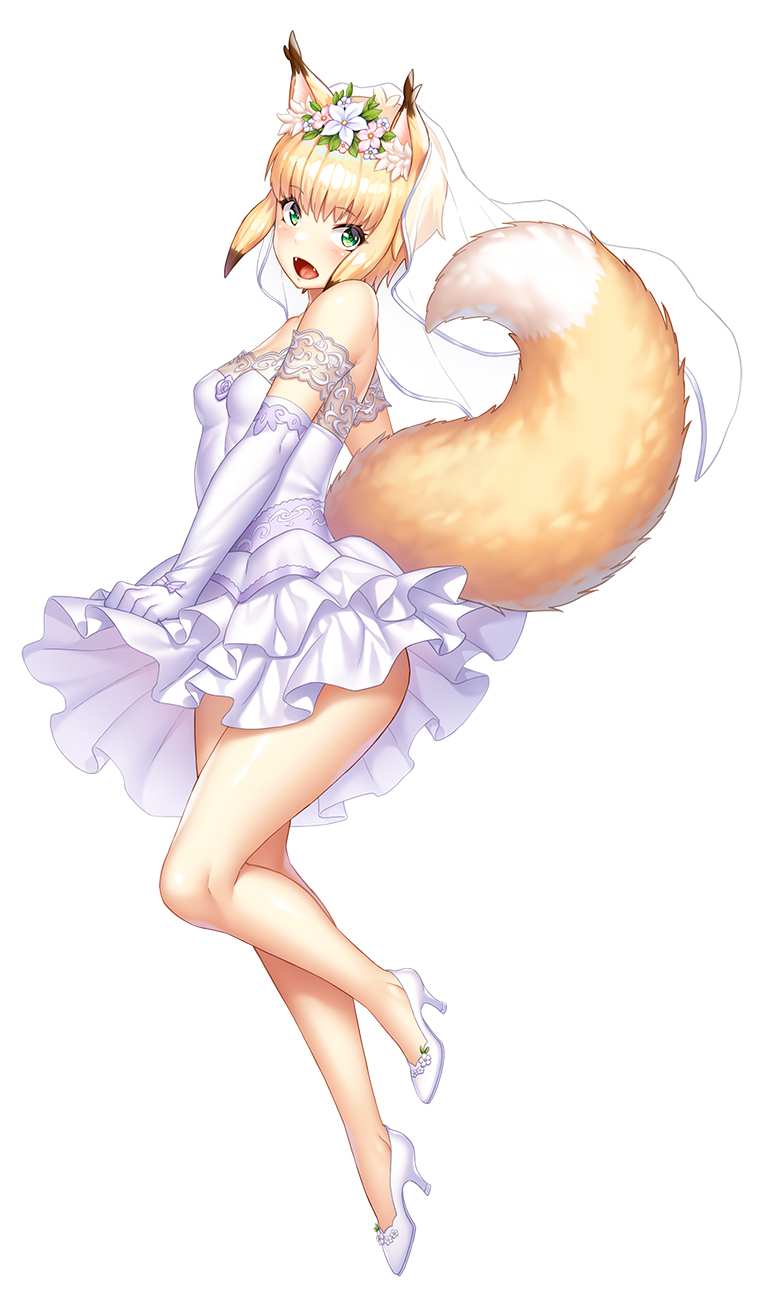 1girl :d animal_ears arm_behind_back bangs bare_legs bare_shoulders blonde_hair blush bow breasts bridal_veil character_request commentary dress elbow_gloves eyebrows_visible_through_hair eyelashes fangs flower flower_wreath fox_ears fox_girl fox_tail frilled_dress frills full_body gloves green_eyes high_heels highres kagami_hirotaka knee_up medium_hair open_mouth purple_bow purple_flower purple_rose rose simple_background small_breasts smile solo strapless strapless_dress tail tail_raised taimanin_(series) taimanin_rpgx thighs tongue veil wedding_dress white_background white_dress white_footwear white_gloves