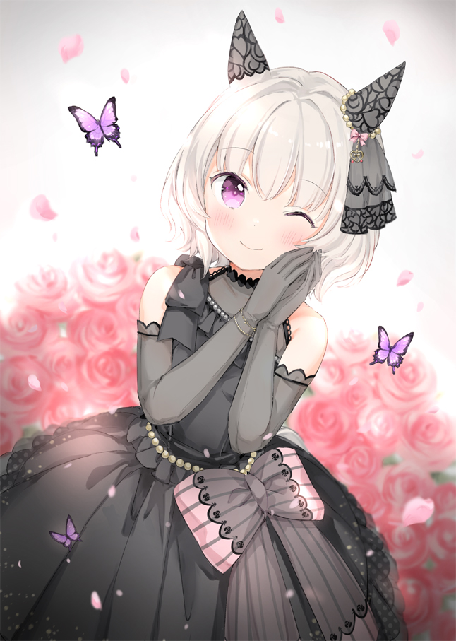 1girl ;) animal animal_ears bangs black_dress blurry blurry_background blush bow bug butterfly closed_mouth commentary curren_chan_(sakutsuki_ma_cherie)_(umamusume) curren_chan_(umamusume) depth_of_field dress elbow_gloves eyebrows_visible_through_hair flower gloves grey_background grey_gloves grey_hair hair_between_eyes hands_up horse_ears looking_at_viewer one_eye_closed petals pink_bow purple_eyes red_flower red_rose rose rose_petals sleeveless sleeveless_dress smile solo striped striped_bow the_promised_time:_silks_&amp;_three_riddles_(umamusume) umamusume wataame27