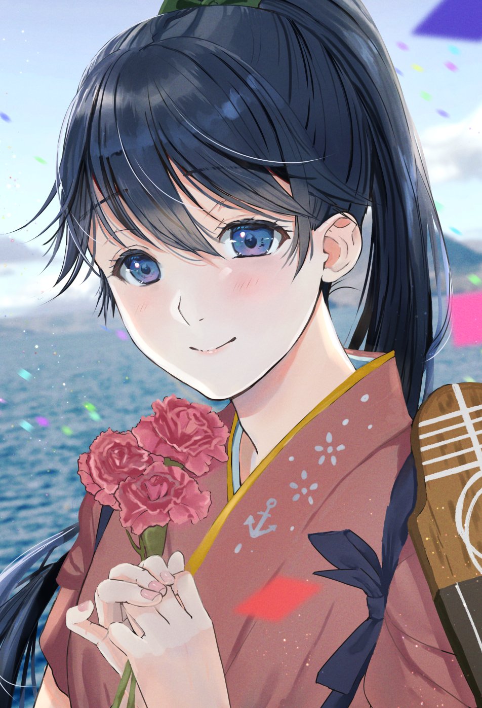 1girl black_hair blue_eyes cloud commentary_request flight_deck flower gradient_sky highres holding horizon houshou_(kancolle) japanese_clothes kantai_collection kimono long_hair looking_at_viewer magai_akashi ocean pink_kimono ponytail rose sky solo tasuki upper_body water